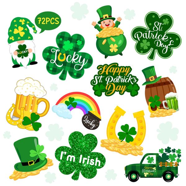 72PCS St Patrick’s Day Bulletin Board Decoration, 12 Styles Lucky Irish Day Shamrock Gnome Leprechaun Classroom Paper Cutouts for Party Decoration Supplies