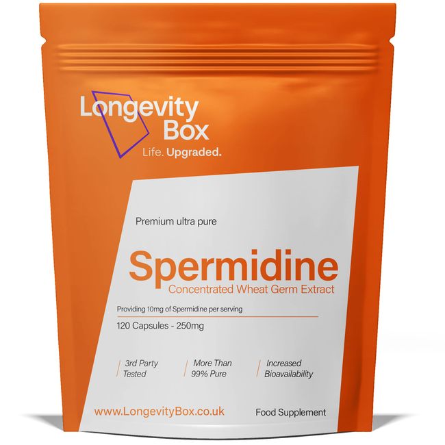 Longevity Box Spermidine Supplement - 120 Capsules, 10mg Spermidine derived from 900mg Wheat Germ Extract with 50mg Thiamin & 50mg Zinc, 99% Pure with 3rd Party Certified, Vegan-Friendly & Non-GMO