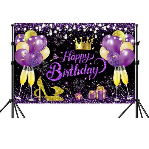 YinQin 180x120 cm Glitter Purple Gold Happy Birthday Backdrops Cloth 71x47 in. Black Purple Golden Birthday Photography Backgrounds Happy Birthday Sign Birthday Party Banner Decorations for Girl Women