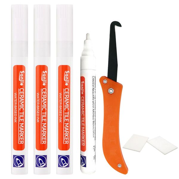 4 Stück Fugenstift Weiß, Fugenstift Fugenmörtel Restaurierung Stift mit Ersatzspitze, Wasserfest Fugenstift Fliesen Stift Fugen, Reparatur Marker, 1 Fliesen Gelenkwerkzeug, 2 Schleifschwamm