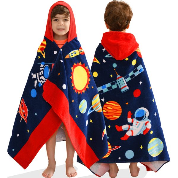 VOOVA & MOVAS Kids Hooded Towels Age 3-10, Soft | Thick | Absorbent Cotton Beach, Bath, Pool Towel | Wrap, Oversized for Boys Girls | Space Theme