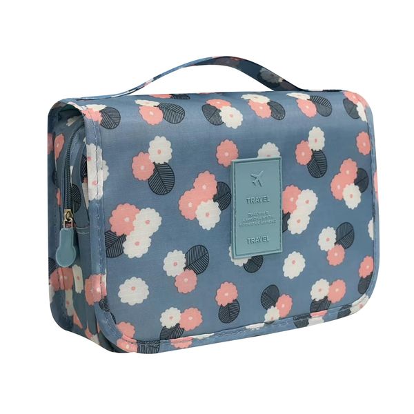 Travel Hanging Toiletry Bag Makeup Bag Organizer Waterproof Ladies Wash Bags Toiletries Bag for Women Girls, Blue with Flower