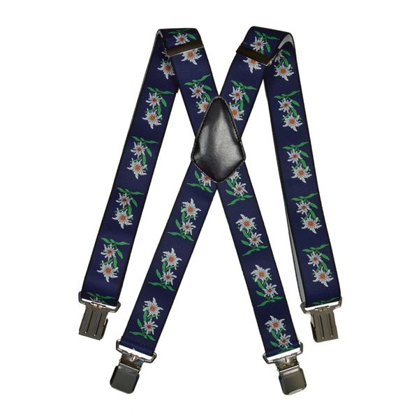 Heavy Duty X-Shape Braces/Suspenders with Edelweiss Pattern, 4cm - Dark Blue