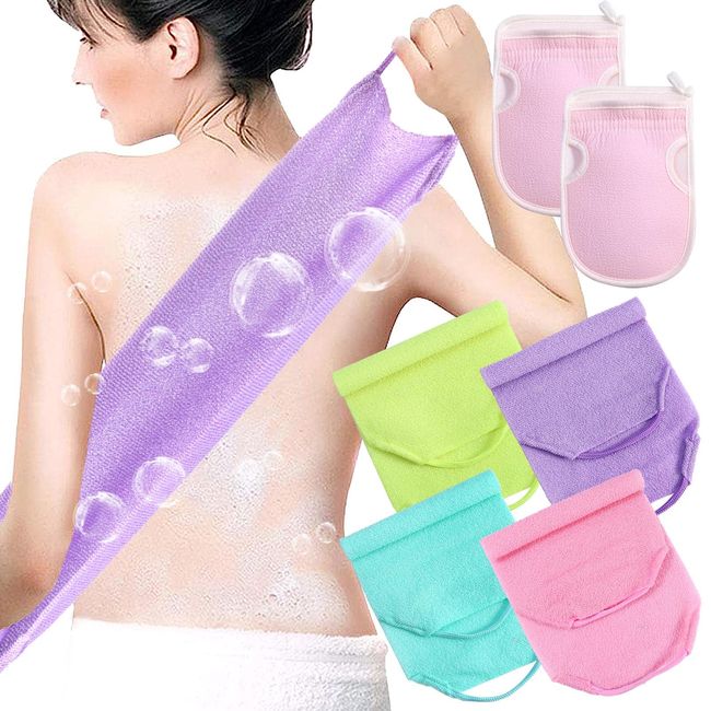 6Pcs Exfoliating Back Scrubber Set with Handles, Extended Length Body Exfoliator Washers Stretchable, 4 Back Scrubbers & 2 Exfoliating Bath Gloves, for Body Cleans Skin Massages for Women Men