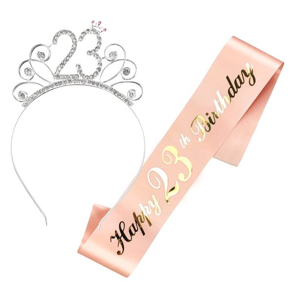 Maigendoo 23 Birthday Decoration Kit Rose Gold Birthday Satin Sash Crown Rhinestone Tiara Set Birthday Headband Gifts for Happy 23rd Birthday Sash and Tiara Party Favor Supplies for Women Girls