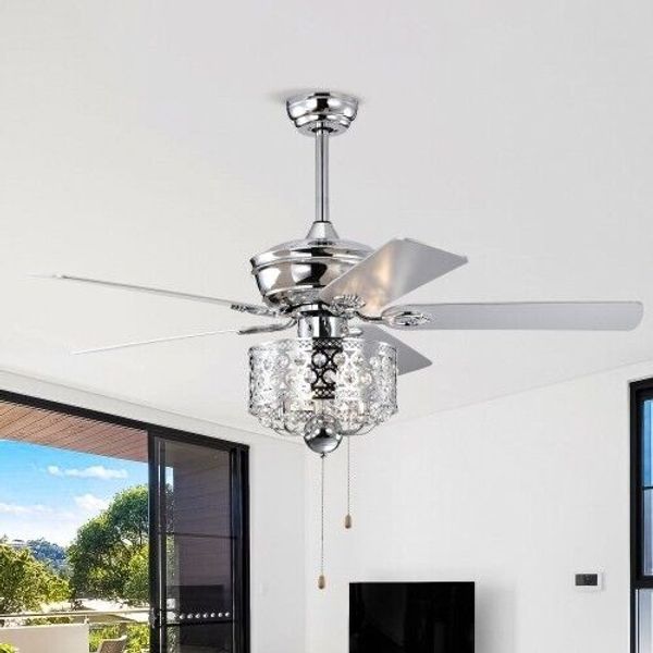 52-Inch Crystal Ceiling Fan Light with Wood Blades for Bedroom, Living Room