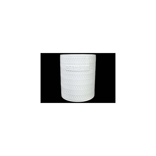 Urban Trends Collection 10907 Ceramic Round Utensil Jar with Embossed Utensils Writing & Diagonal Cut Off Line Pattern Body White