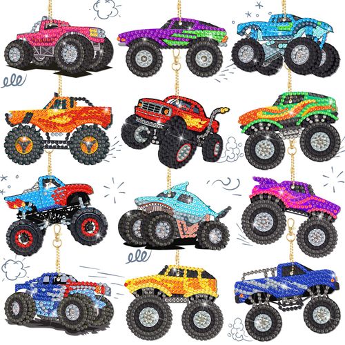 12 Pcs Trucks Diamond Painting Keychains DIY 5d Acrylic Truck Diamond Art Key Chains Vehicle Rhinestone Art Hanging Pendants for Adult Beginners Bags