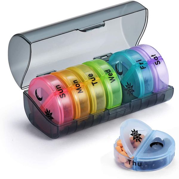 Pill Organizer Weekly Pill Box 7 Day 2 Times a Day Portable Case AM PM Medication Organiser Daily Tablet Small Boxes Medicine Holder for Vitamin Supplement Fish Oil (Rainbow)