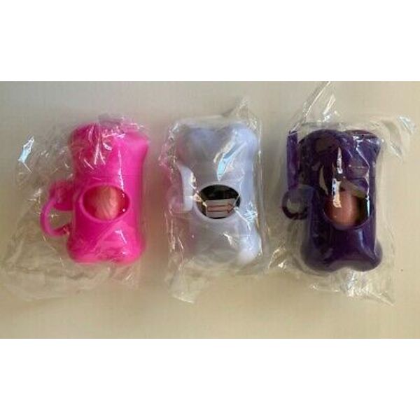 PET DOG WASTE POOP BAGS / DISPENSER LOT OF 3 PINK WHITE PURPLE