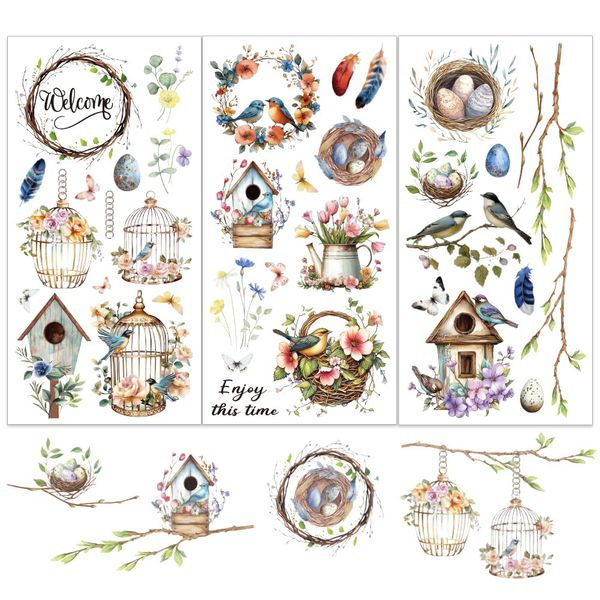OLYCRAFT 3pcs/Set Spring Rub on Transfers for Furniture and Crafts 15x30cm Birdcage Bird Nest Furniture Decals Wreath Feather Transfer Stickers Rub on Decals for Wood Furniture Home Decor