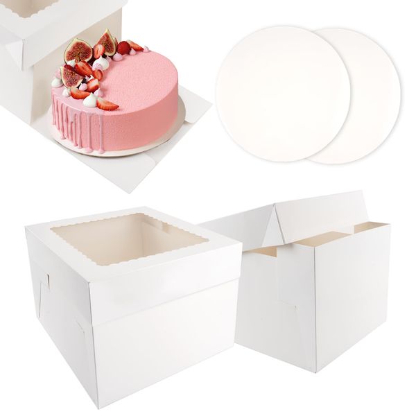 Tortenbox Set, 2 Stück Tortenkarton, mit Tortenplatte, 25.4x25.4x20.3cm Cake Box, Tortenbox Karton, Tortentransportbox, Torten Karton Box, für Kuchen, Gebäck usw.(Weiße)