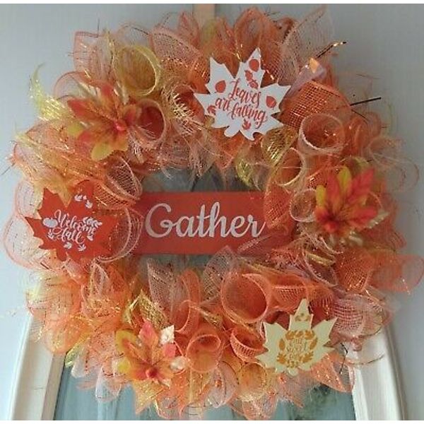 Fall Deco Mesh Front Door Wreath – Orange & Yellow -  Gather Leaves are falling