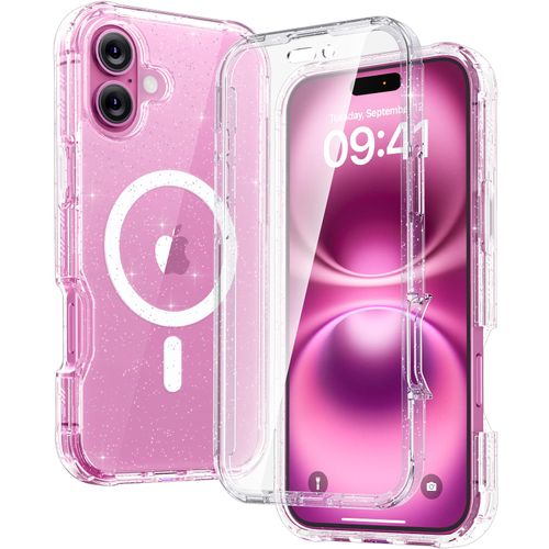 Diaclara Magnetic Designed for iPhone 16 Plus Phone Case,[Full Camera Protection] 360 Clear Bumper Compatible with MagSafe Built-in Screen Protector for 16 Plus,Magnetic Clear Glitter