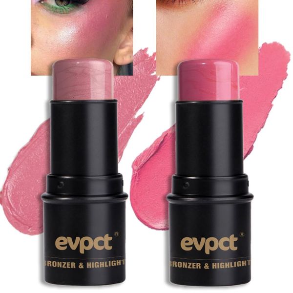 evpct 2Pcs Shimmer Pink Rose Cream Blush Stick for Cheeks Lips Tint Eyes Contour Highlighter Makeup Sticks Lightweight Hydrating formula rubor en crema para los cachetes 01 Dainty & 05 Sweet Heart