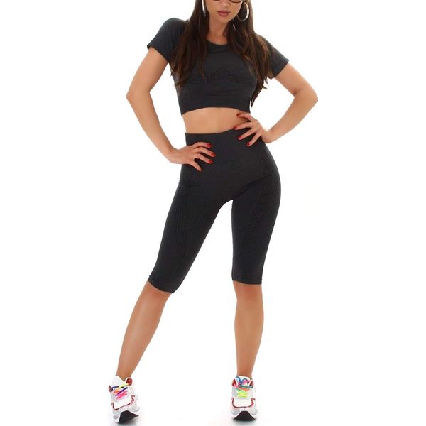 StyleLightOne Damen Fitness-Set Sport Zweiteiler Crop-Top Kurzarm T-Shirt bauchfrei High-Waist Leggings Radlerhose, Schwarz