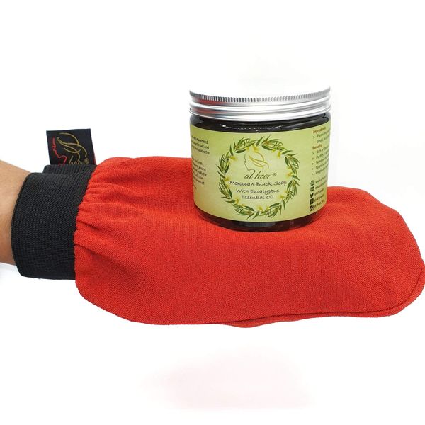 AL HOOR Moroccan Black Olive Soap Infused In Eucalyptus Oil + Kessa Glove - Deep Acne Cleansing & Dead Skin Cells Remover