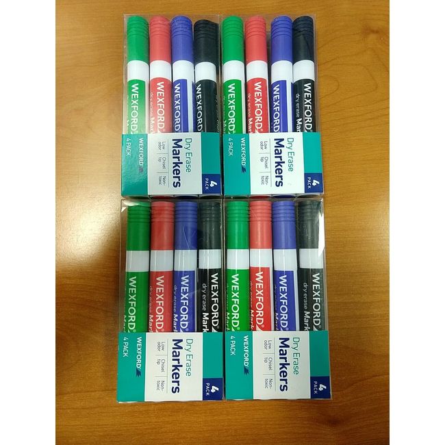 4 Boxes: Wexford Dry Erase Markers for Whiteboards Black/Red/Blue/Green  - E6C