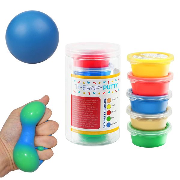 5 x Therapy Putty Squeezable Non-Toxic, Hand Exercise, 5 Strengths Extra Soft/Soft/Soft-Medium/Medium/Firm & 2 x Squeezy Stress Ball