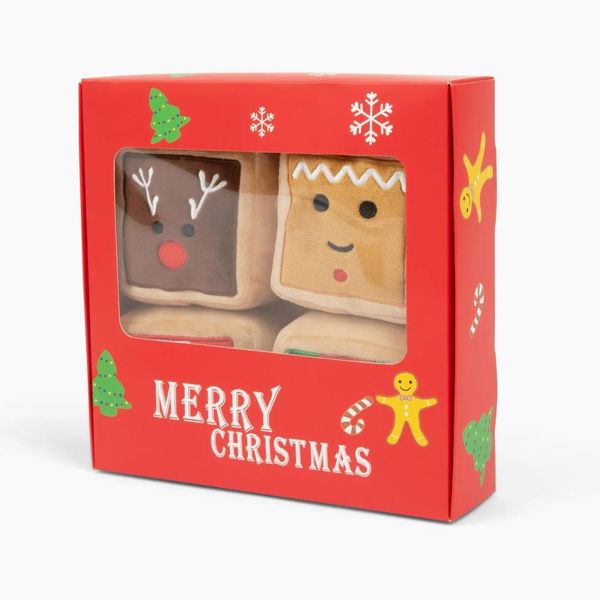 Midlee Gift Box Christmas Squares Sugar Cookie Plush Dog Toy-Reindeer, Gingerbread Man, Santa, Elf