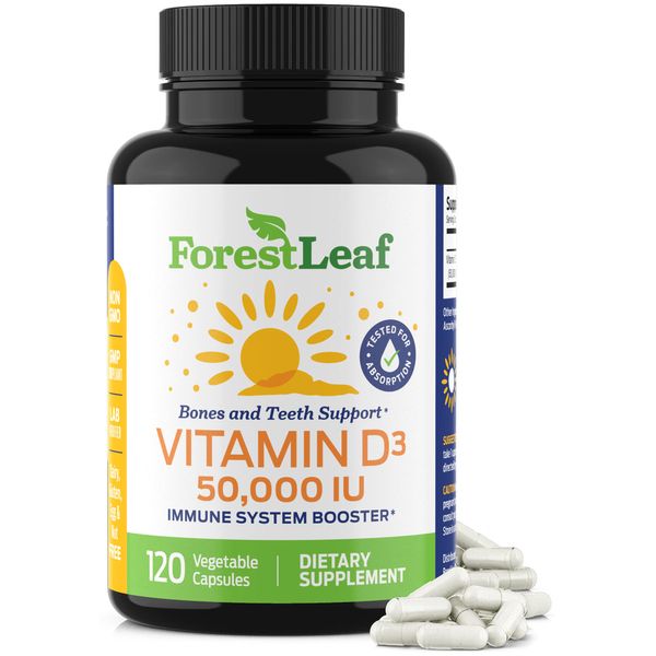 ForestLeaf - Vitamin D3 50,000 IU Weekly Supplement 120 Vegetable D Capsules for Bones, Teeth, and Immune Support Easy Swallow Pure 50000 IU- Non GMO Pills