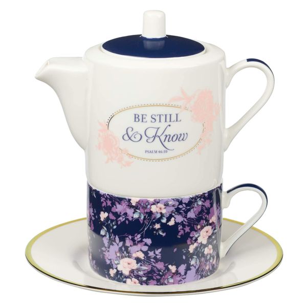 Christian Art Gifts Ceramic Teapot Set Be Still Psalm 46:10 Flowers Tea For One Set with Tea Cup and Saucer For Women