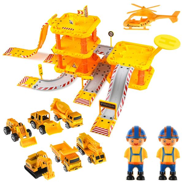 Toysical Construction Playset - Complete Parking Garage Toy Playset with Vehicles, Helicopter, Mini Figures, Road Setup Construction Toys for Boys and Girls - Boys Toys Age 4-6