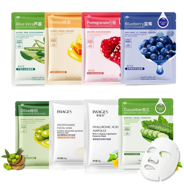 Cayanmydery Sheet mask Essence Facial Sheet Mask 8 Combo Fruit flavor Face Masks Skincare, Hydrating Face Masks, Illuminating,Moisturizing, Moist and Soothing, Beauty Mask For All Skin Type