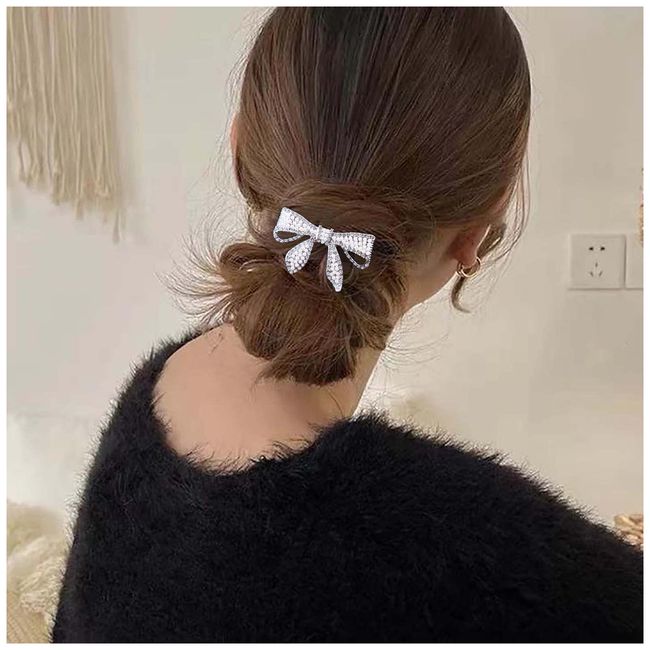 Yheakne Boho Crystal Bow Hair Clip Cz Pearl Hair Pin Clip Silver Bowknot Hair Barrette Pin Cz Bow Head Clip Headwear Decorative Headpieces Hair Accessories for Women and Girls