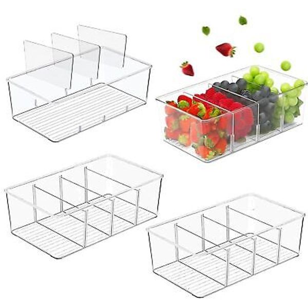 4 Pack Refrigerator Organizer Storage Bins 3 Removable Dividers Stackable