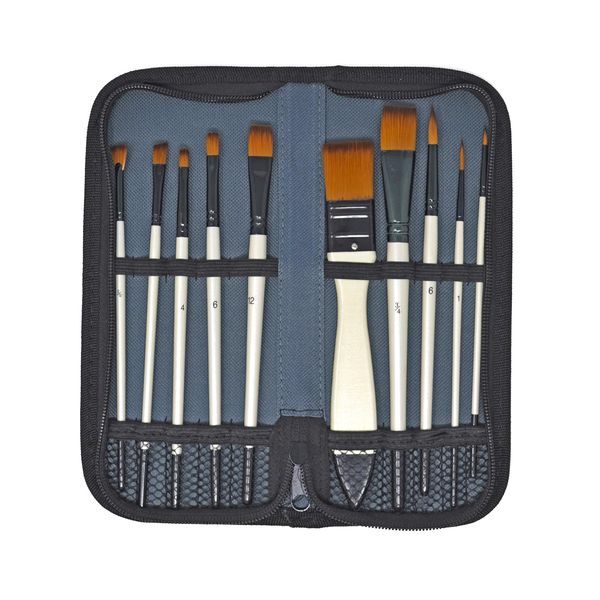 10 Assorted Synthetic Paint Brushes in Zip Wallet