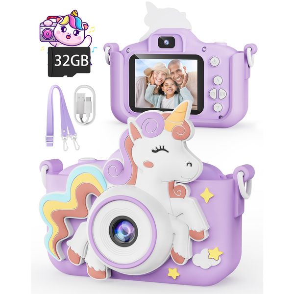 Kikapabi Kids Camera, Unicorn Toys for Girls Boys Age 3-8, Christmas Birthday Gifts for Girls Age 3 4 5 6 7 8, Digital Camera with Silicon Cute Cover for Kids, Toddler Camera with 32G SD Card