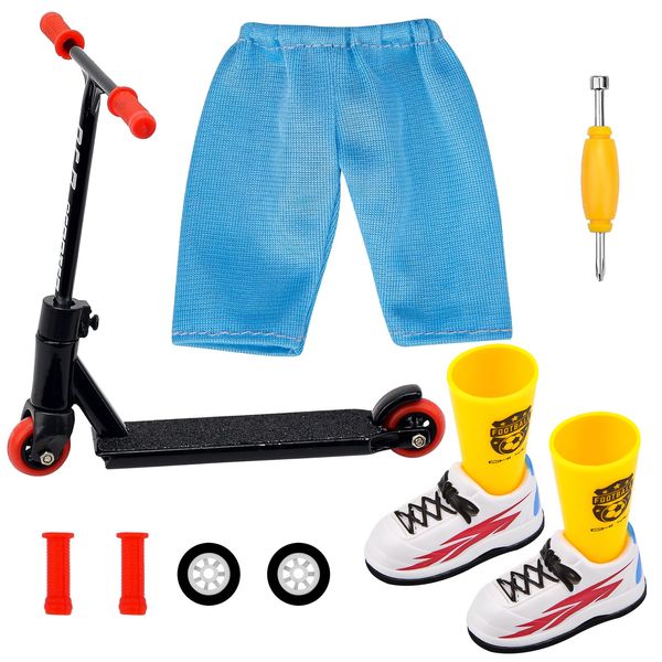 Mini Finger Toys, Finger Scooter Set with Mini Scooters, Finger Pants Shoes, Finger Replacement Wheels and Tools, Finger Board Accessories for Fingertip Movement Party Favors (Black)