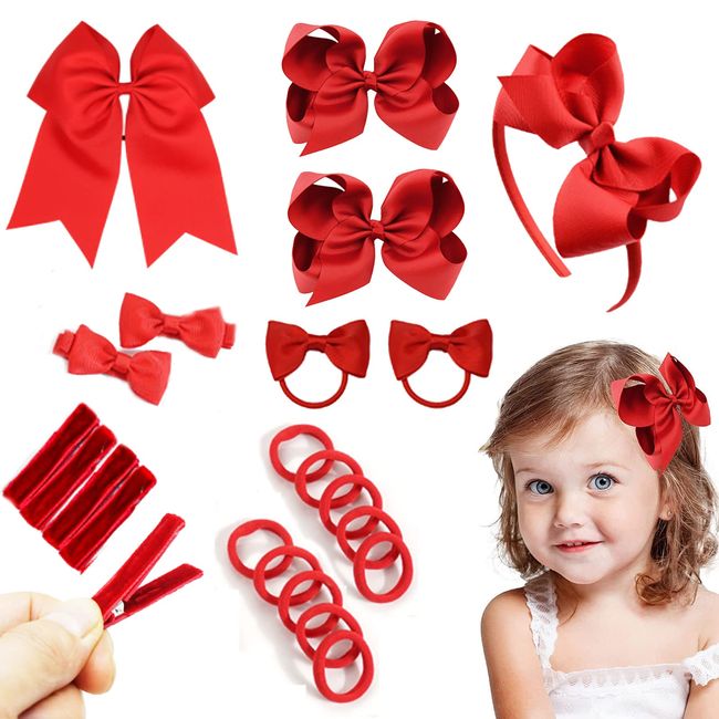 MUFEKUM 22 Pcs Red Hair Bow School Hair Accessories for Girls, Elastic Red Bow Hair Bands Hair Bow Clips Red Bow Headband, Hair Ties Hairpins Girls Hair Accessories for Christmas Birthday Gift