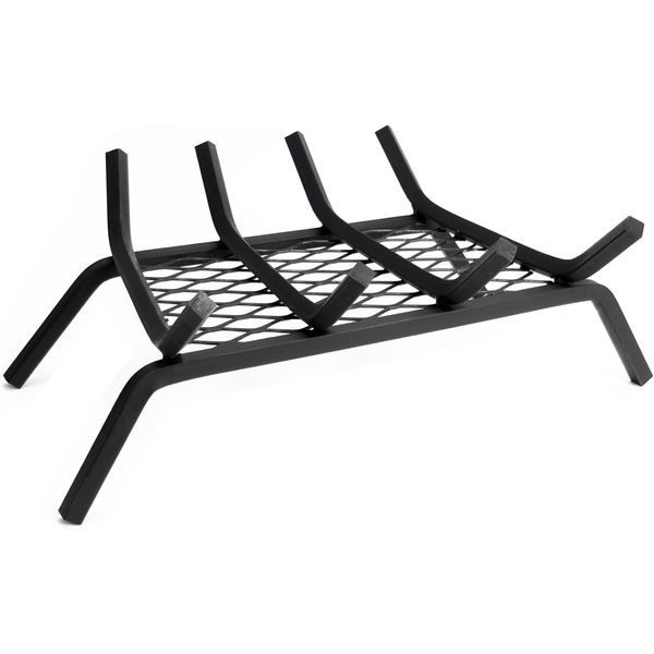 Solid Steel Fireplace Grate with Ember Retainer, Black, 18-Inch