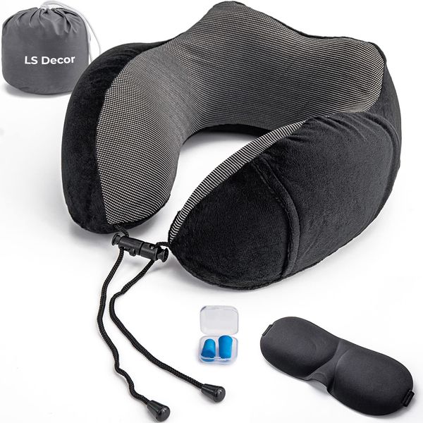 LS Decor Travel Pillow Memory Foam Neck Pillow Portable Comfortable Head Support Pillow for Airplane Car Train Home & Office Sleeping Rest Cushion with Eye Masks Earplugs Carry Bag (BLACK)