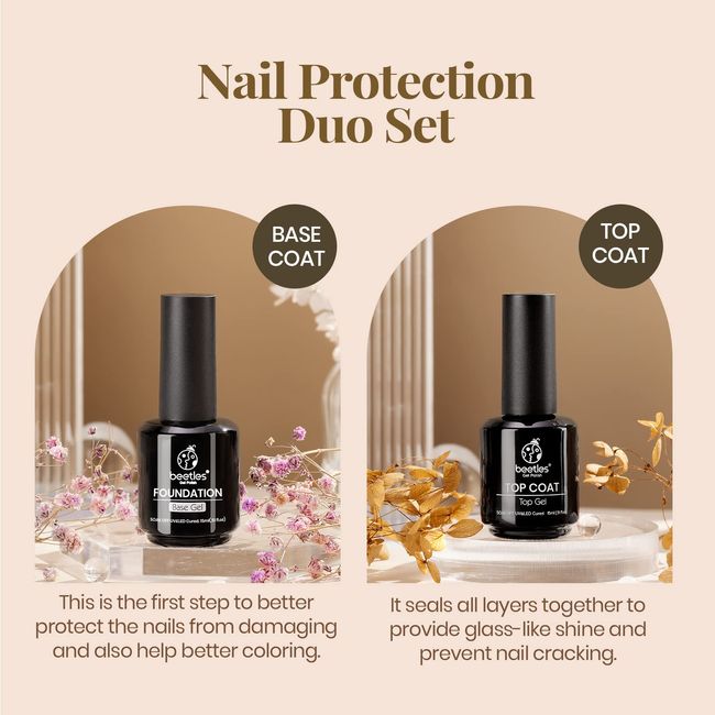 Beetles 2 Pcs 15ml No Wipe Gel Top Coat and Base Coat Set - Shine Finish  and Long Lasting, Soak Off LED Gel