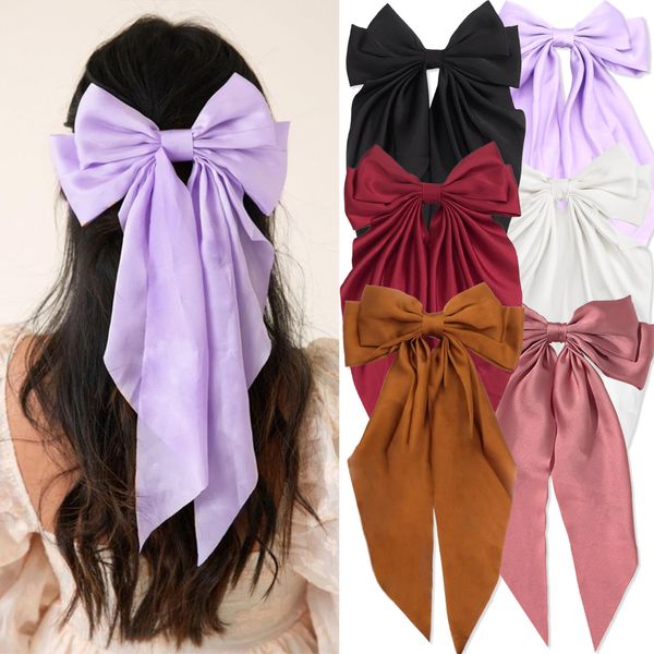 FULZTEY Hair Bows for Women Red Soft Satin Bow Hair Clips Coquette Bows Hair Barrettes with Long Tail Ribbon Bowknot Hair Accessories for Girls Teen 6 Pack