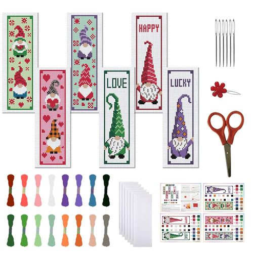 FREEBLOSS 6Pcs Cross Stitch Bookmark Kits Gnome Elf Pattern Stamped Embroidery Bookmarks Beginner Embroidery Kit with Instructions Counted Cross Stitch Kit for Hand Embroidery Gift