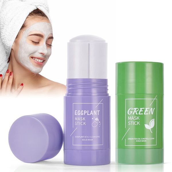 AOOWU Green Mask Stick, 2 Stück Aubergine Grüner Tee Purifying Clay Maske,Befeuchtet und Kontrolliert Öl Grüntee Maske Mitesser Akne Entferner,Green Tea Mask für Deep Cleansing(Grüntee+Aubergine)