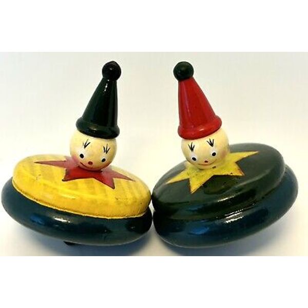 Vintage Circus Clown Figurine Wooden Spinning Top/Dreidel Set Of 2