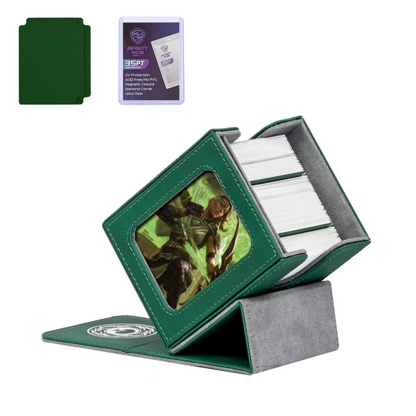 Infinity Guard MTG Deck Box with Commander Display for 100+ Double Sleeved Cards, Denim Magnetic Card Storage Box Fits for TCG CCG Magic Cards (Ink&Green)