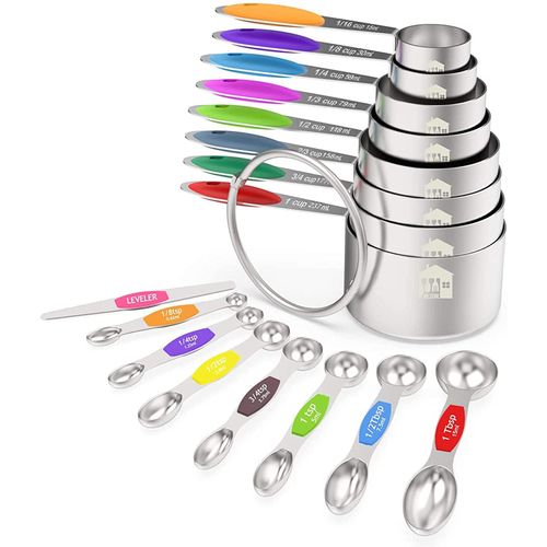 Measuring Cups and Magnetic Measuring Spoons Set, Wildone Stainless Steel 16 Piece Set, 8 Measuring Cups & 7 Double Sided Stackable Magnetic Measuring Spoons & 1 Leveler