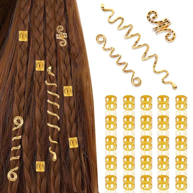 ACWOO Dreadlock Schmuck, 53 Stück Verstellbar Haarspiralen Clips Haar Geflecht Ringe, Metall Cuffs Haar Dreadlocks Zubehör, Haarschmuck Festival Haarringe für Zöpfe Für Männer Und Frauen, Golden