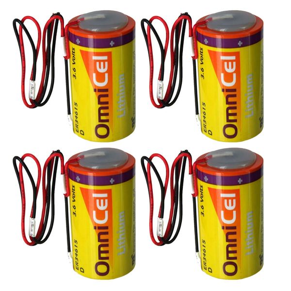 4x OmniCel ER34615 3.6V 19Ah Size D Lithium Battery with Wire Leads For Carbon Monoxide Detectors, Intrusion Sensors, Invisible Fencing, Emergency Backup, Data Collection, AMR Add-ons