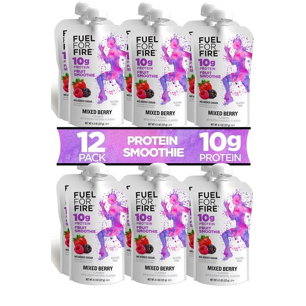 Fuel for Fire Protein Smoothie Pouch - Mixed Berry (12-Pack) | Healthy Snack & Recovery | No Sugar Added, Dietitian Approved | Functional Fruit Smoothies | Gluten Free, Kosher (4.5oz pouches)