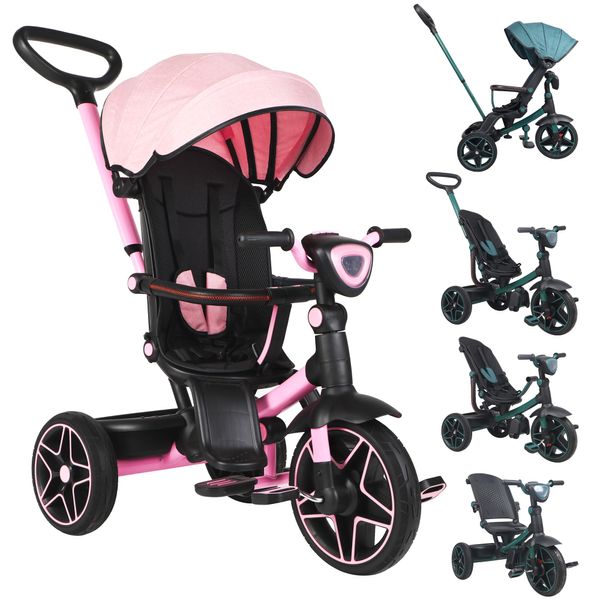 6-in-1 Toddler Trike Push Bike Stroller, Trike for Toddlers,Toddler Tricycle Stroller, Push & Fold Tricycle for Ages 6 Months to 6 Years,Machine-Washable Seat Pad，Pink