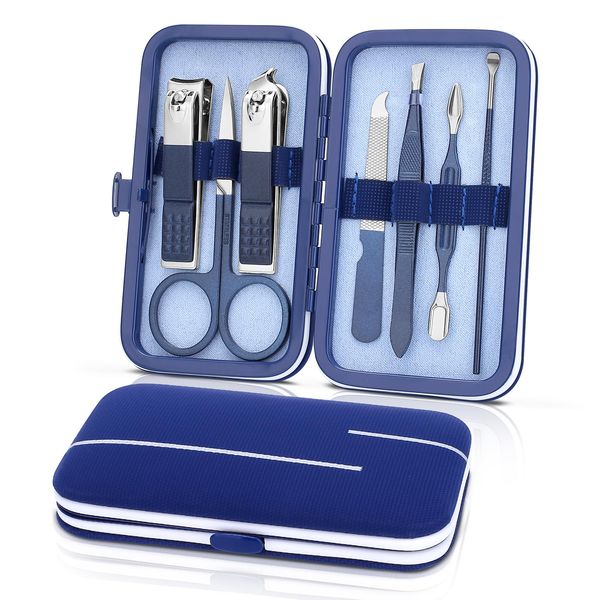 Manicure Set-Stainless Steel Nail Care Set-Professional 7 in 1 Ingrown Toenail Clipper Grooming Tool-Pedicure Kit & Toe Nail Cutter-Thick Nail Scissors Toiletries with Cuticle Trimmer (Blue)