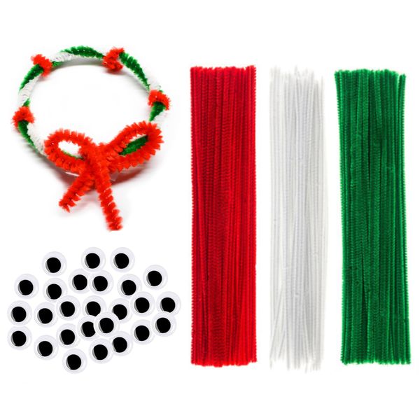 VHALE 300 Pieces Pipe Cleaners Crafts Chenille Stems Christmas Red White Green Color, and 100 Pieces Wiggle Eyes, DIY Kids Art Craft Decorations Creative Classroom Pack