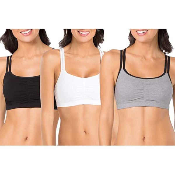 Fruit of The Loom Womens Spaghetti Strap Cotton Pull Over 3 Pack Sports Bra, Grey With Black/White/Black Hue, 36